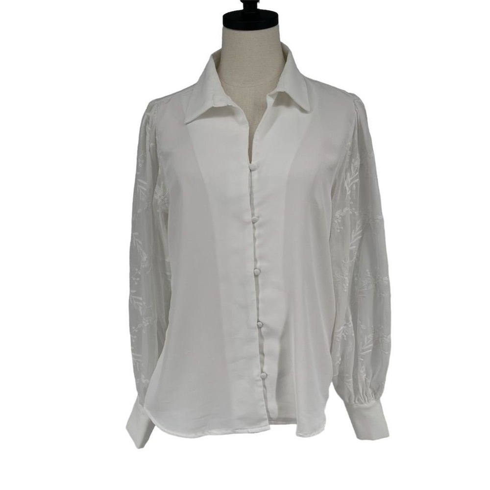 Soft Surroundings Women's M White Embroidered Puff Sleeve Blouse